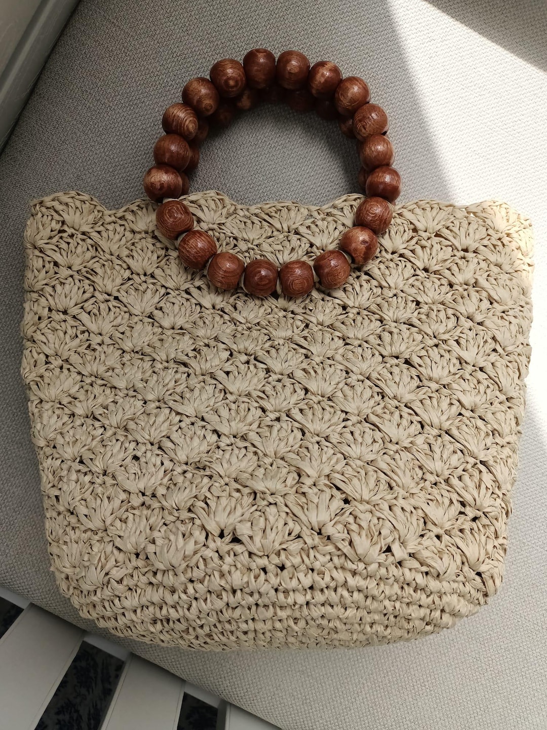 Fan Shell Stitch Raffia Bag Crochet Pattern | Boho Tote With Wooden ...