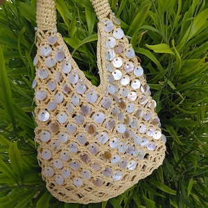 Mother of Pearl Mesh Crochet Bag Pattern, Paper Yarn Sequin Purse Tutorial PDF