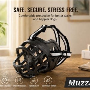 May include: Black dog muzzle with white and black striped straps. The muzzle has a cage-like design with the words "SAFE. SECURE. STRESS-FREE." and "Muzzle" in the image. Features include strong and durable, breathable design, adjustable fit, and lightweight comfort.