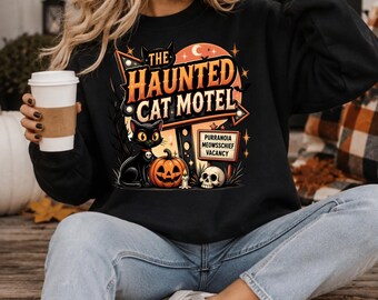 Haunted Cat Motel Halloween Sweatshirt, Funny Spooky Season Black Cat Crewneck, Cute Pumpkin Halloween Outfit, Spooky Cat Lover Gift