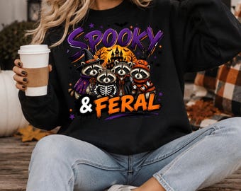 Spooky And Feral Halloween Shirt, Raccoon Witch Costume Sweatshirt, Funny Spooky Season Animal Tee, Halloween Raccoon Lover Gift