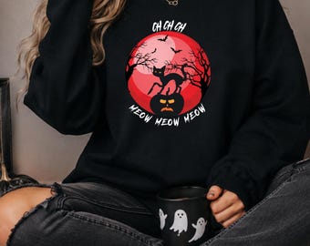 Funny Halloween Black Cat Sweatshirt, Ch Ch Ch Meow Meow Meow Graphic Crewneck, Spooky Season Cat Mom Gift, Retro Horror Shirt