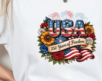 USA 250 Years of Freedom T-Shirt | Vintage Floral Patriotic Graphic Tee