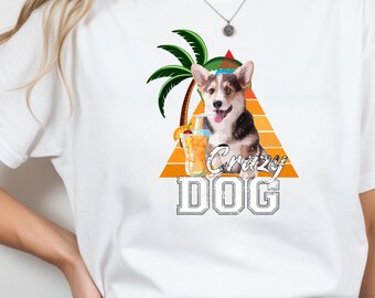 Crazy Dog Corgi Tropical Beach T-Shirt - Summer Vacation Graphic Tee