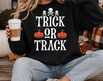 Funny Trick Or Track Halloween Crewneck, Skeleton Pumpkin Graphic Sweatshirt, Cozy Fall Outfit, Spooky Season Clothes for Women