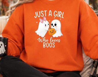 Just A Girl Who Loves Boos Sweatshirt, Pink Bow Ghost Halloween Crewneck, Cute Spooky Season Jumper, Halloween Gifts for Women