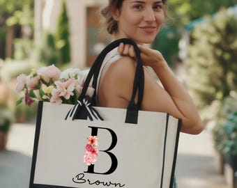 Custom Initial Name Bag, Personalized Bridesmaid Tote Bag, Custom Initial Family Name Bag, Bridesmaid Gift, Personalized Floral Initial Bag