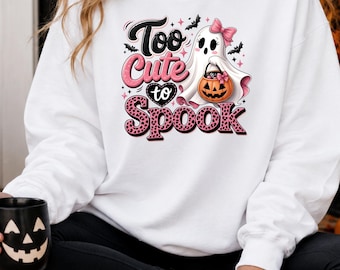 Too Cute To Spook Sweatshirt, Pink Ghost Bow Halloween Crewneck, Coquette Halloween Sweater, Cute Pumpkin Ghost Shirt, Fall Apparel