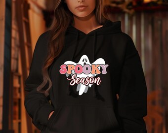 Spooky Season Hoodie with Ghost Graphic, Trendy Womens Halloween Pullover, Cozy Autumn Hoodie, Fall Oversized Sweatshirt