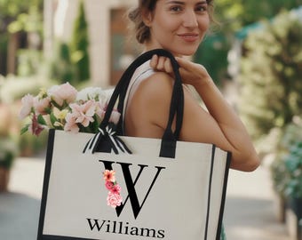 Custom Initial Family Name Bag, Custom Name Initial Tote Bag, Custom Bridesmaid Tote Bag, Bridesmaid Gift, Personalized Floral Initial Bag
