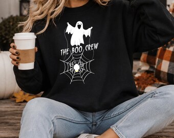 The Boo Crew Halloween Sweatshirt, Cute Ghost Spider Web Crewneck, Spooky Season Fall Jumper, Halloween Gift for Her