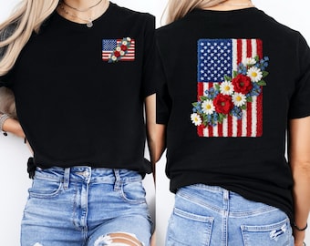 USA Flag T-Shirt, Patriotic Floral American Flag Tee, 4th of July Shirt for Women, Independence Day Outfit, Casual Summer Graphic Tee