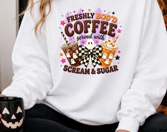 Freshly Bood Coffee Sweatshirt, Spooky Iced Coffee Halloween Crewneck, Ghost Scream And Sugar Shirt, Fall Coffee Lover Gift
