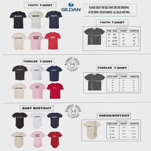 May include: A size chart for Gildan youth t-shirts, Rabbit Skins toddler t-shirts, and baby bodysuits. The image displays color options including black, white, navy, natural, light pink, and red, alongside measurement tables in inches for each style.