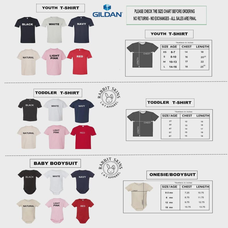 May include: A size chart for Gildan youth t-shirts, Rabbit Skins toddler t-shirts, and baby bodysuits. The image displays color options including black, white, navy, natural, light pink, and red, alongside measurement tables in inches for each style.