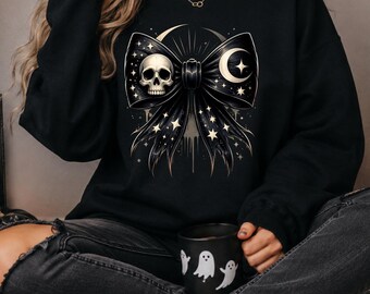 Gothic Bow Sweatshirt, Skull and Moon Halloween Crewneck, Spooky Coquette Season Shirt, Dark Celestial Fall Gift for Women
