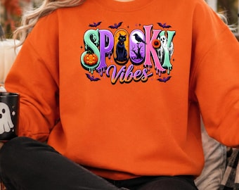 Spooky Vibes Sweatshirt | Cute Halloween Crewneck | Black Cat Pumpkin Ghost Shirt | Colorful Spooky Season Sweater | Halloween Gift