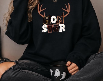 Momster Sweatshirt | Funny Halloween Mom Crewneck | Spooky Mom Shirt | Deer Antler Halloween Sweater | Halloween Gift for Her