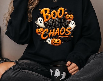Bootiful Chaos Halloween Sweatshirt, Cute Ghost Pumpkin Crewneck, Spooky Season Sweater, Funny Halloween Party Shirt, Fall Apparel
