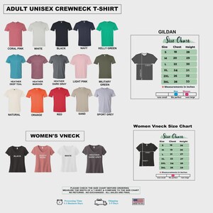 May include: A color chart for adult unisex crewneck t-shirts and women's v-neck t-shirts, displaying various solid colors including coral, white, black, navy, green, teal, maroon, gray, pink, olive, orange, red, and sand with size charts in inches.