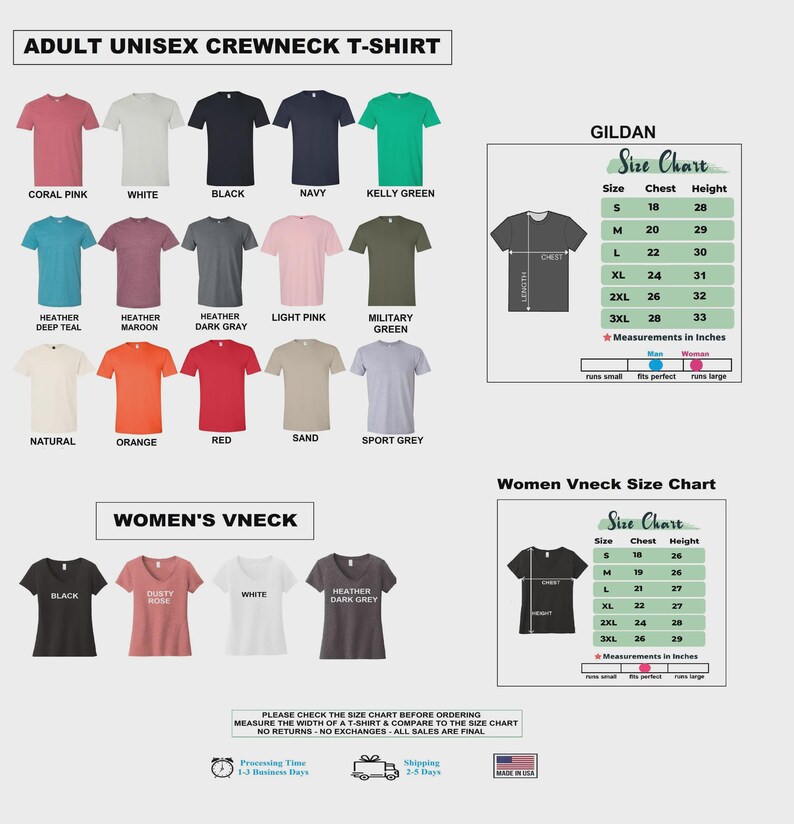 May include: A color chart for adult unisex crewneck t-shirts and women's v-neck t-shirts, displaying various solid colors including coral, white, black, navy, green, teal, maroon, gray, pink, olive, orange, red, and sand with size charts in inches.