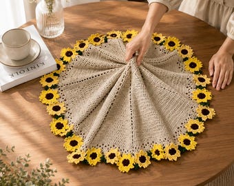 ひまわりの花束ブランケットの編み図、丸型アフガン、花束スロー、デジタルダウンロード