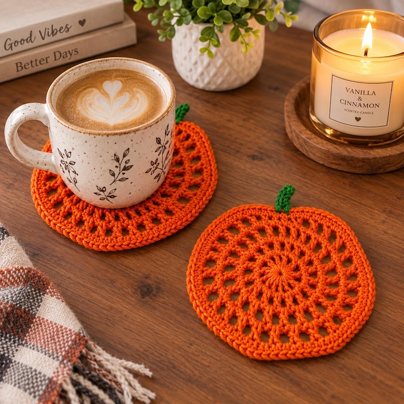 May include: Two round orange crochet coasters shaped like pumpkins with small green stems. One coaster sits under a speckled ceramic mug filled with latte art, while the other lies flat. The design features an openwork pattern of radiating stitches.