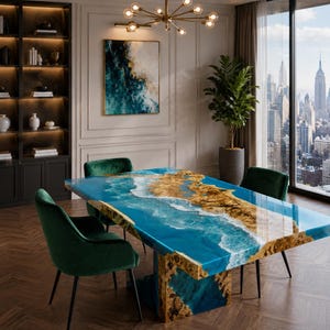 May include: A rectangular dining table featuring a live-edge wood slab integrated with blue and white resin that mimics ocean waves, supported by a matching resin and wood base, accompanied by four dark green velvet chairs with black metal legs.