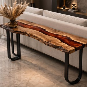 Amber Epoxy Resin Console Table, Live Edge Wood Sofa Table, River Entryway Table, Handmade Hallway Table, Black Metal Base