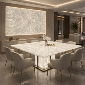 May include: A large square dining table with a white translucent stone surface and a central pedestal base, surrounded by eight upholstered chairs with thin metal legs. A matching stone wall panel with a sunburst pattern is mounted behind the table.