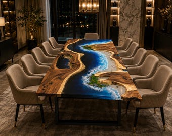 Ocean Island Epoxy Dining Table, Handmade Live Edge Wood Resin Table, Luxury Coastal Dining Room Table, Modern Statement Table