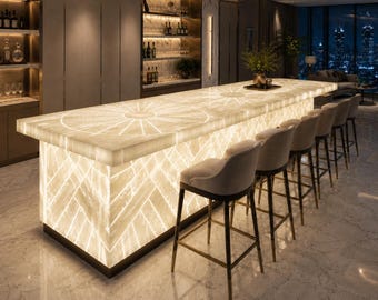 Benutzerdefinierte Selenit-Bar-Arbeitsplatte mit Hintergrundbeleuchtung, Luxusstein-Kücheninsel, handgefertigte lichtdurchlässige Bar-Spitze für die Hausbar-Dekor