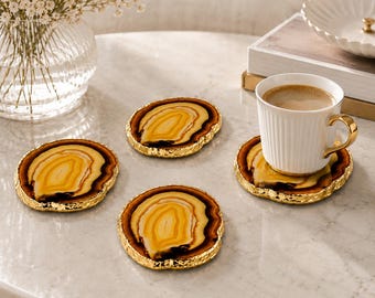 Goldenes Achat-Untersetzer-Set, 4 Naturstein-Getränkeuntersetzer mit goldenem Rand, Luxus-Kaffeetisch-Dekorgeschenk
