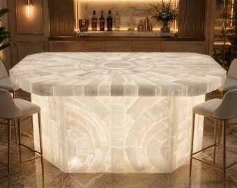 Hintergrundbeleuchtete Selenit-Bar-Theke, luxuriöse runde Steinarbeitsplatte, kundenspezifische lichtdurchlässige Hausbar-Insel für Hotel- und Villa-Dekor