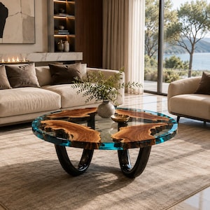 Peut inclure: Une table basse ronde dotée d'un plateau en bois naturel aux bords irréguliers incrusté dans de la résine bleue transparente. La table repose sur trois pieds noirs incurvés et porte un petit vase gris avec de la verdure et un bol doré.