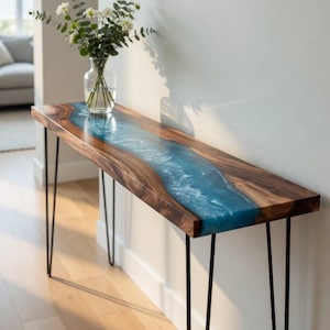 Handgemaakte walnoot en blauwe epoxyhars oceaan consoletafel, live edge, kustgangtafel, handgemaakt luxe meubilair