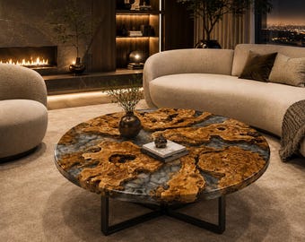 Round Burl Wood Coffee Table, Smoky Grey Resin Center Table, Handmade Epoxy Living Room Table, Luxury Modern Furniture