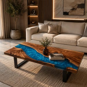 May include: A rectangular coffee table featuring a natural wood slab with a prominent, flowing blue resin inlay running through the center. The table is supported by two black metal legs and holds a small glass vase with greenery and two books.