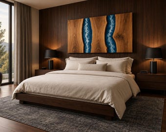 Luxury Blue Agate Epoxy Resin Headboard, Natural Walnut Wood King Bed Headboard, Handmade Ocean River Headboard, Modern Bedroom Wall Decor