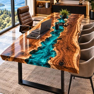 May include: A large rectangular conference table featuring a natural live-edge wood slab with a central river-like inlay of translucent turquoise resin. The table is supported by a black metal frame and includes a laptop and notebook on top.