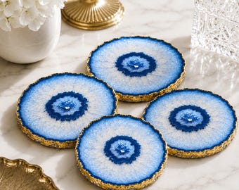 Blauer Achat-Untersetzer-Set, Kristall-Getränke-Untersetzer mit Goldrand, luxuriöse handgemachte Geode-Untersetzer für Wohnkultur, Hochzeitsgeschenk