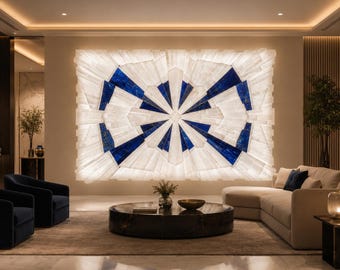 Luxus hinterleuchtete Selenit Wandtafel, Lapis Lazuli Edelstein Inlay Wandkunst, Handgemachte Art Deco Feature Wand, Benutzerdefinierte Leuchtstein Dekor