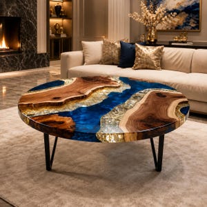 Könnte beinhalten: Ein runder Couchtisch mit einer natürlichen Holzplatte mit Baumkante, integriert in ein Design aus leuchtend blauem und durchscheinendem goldenem Harz. Der Tisch wird von drei schwarzen Metall-Haarnadelbeinen getragen und hat eine glatte Oberfläche.
