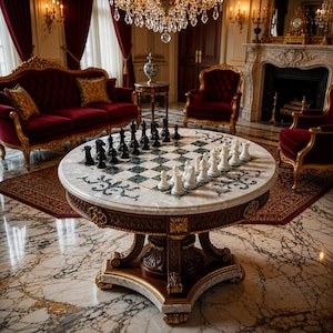 Pode incluir: Uma mesa de xadrez redonda de mármore com uma superfície de tabuleiro xadrez verde e branca, com pernas esculpidas em madeira escura e ouro. A mesa está disposta com um conjunto completo de peças de xadrez pretas e brancas, incluindo reis, rainhas, bispos, cavalos, torres e peões.