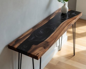 Mesa consola de epoxi, mesa de resina negra y madera con borde natural, mesa estrecha para pasillo, decoración de lujo para el hogar, regalo de inauguración de casa, escritorio de madera personalizado