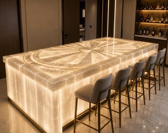 Rechteckige Selenit-Bar-Theke mit Hintergrundbeleuchtung, luxuriöse leuchtende weiße Kristallinsel, handgefertigte Stein-Arbeitsplatte für die Hausbar-Dekor