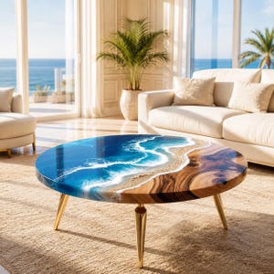 Op de afbeelding: Een ronde salontafel met een natuurlijk houtnerfoppervlak aan de ene kant en een blauwe harslaag aan de andere kant, ontworpen om te lijken op oceaangolven die op een zandstrand slaan. De tafel wordt ondersteund door drie slanke, gouden metalen poten.