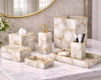 Weißer Achat Badezimmer-Set, echte Kristall Badezimmer-Accessoires, weißer Edelstein Luxus-Dekor, Seifenspender, Taschentuchbox, Waschtisch