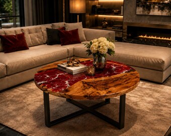 Round Red Epoxy Coffee Table, Burl Wood Resin Center Table, Handmade Luxury Living Room Furniture, Modern Statement Table