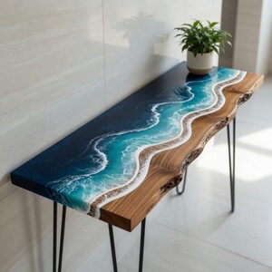 Epoxy portiektafelconsole, entreetafel, Ocean Wave-consoletafel, epoxy-banktafel, handgemaakt meubilair, handgemaakte houten gangtafel